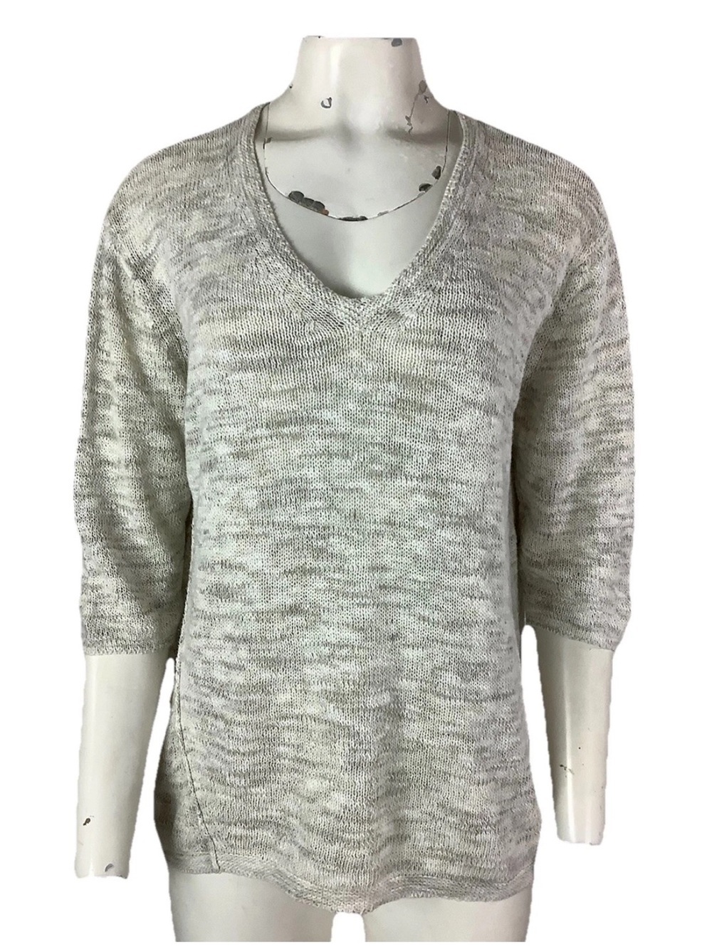 Pure Jill Sz L 100% Cotton Open Knit VNeck Heathered Pullover Oatmeal Sweater
